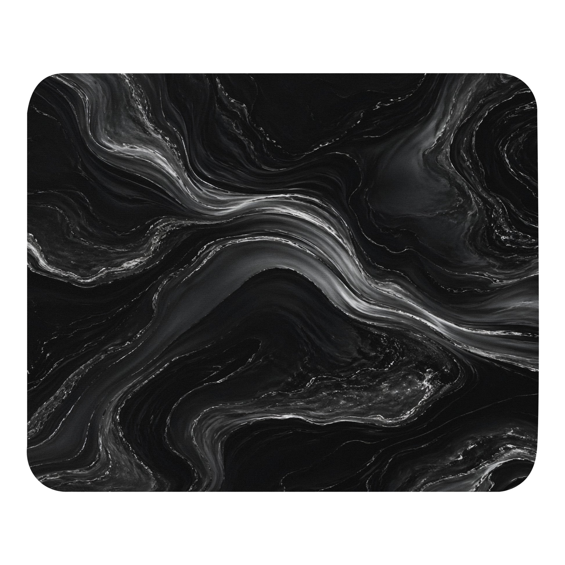Obsidian Flow Mouse Pad with black and silver abstract flow artwork