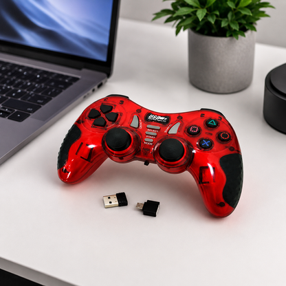 Red 2.4G wireless game controller with USB receiver on a clean desk setup