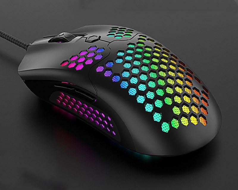 Angled view of RGB wired gaming mouse with honeycomb shell