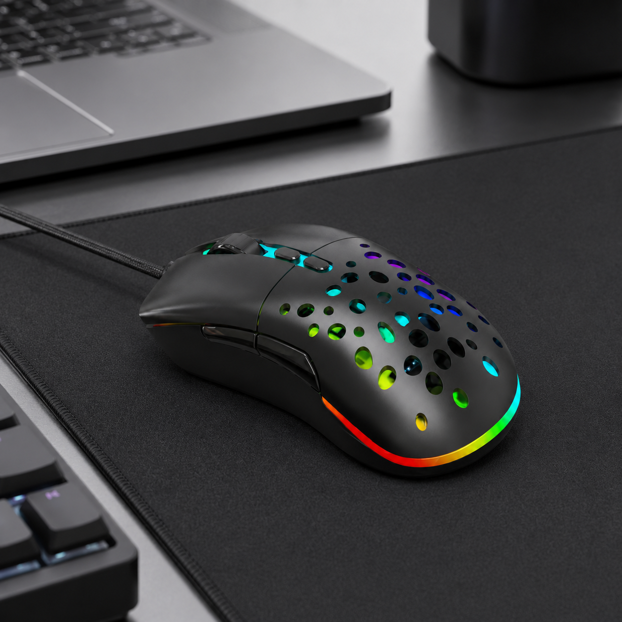 RGB wired gaming mouse in a clean desk setup