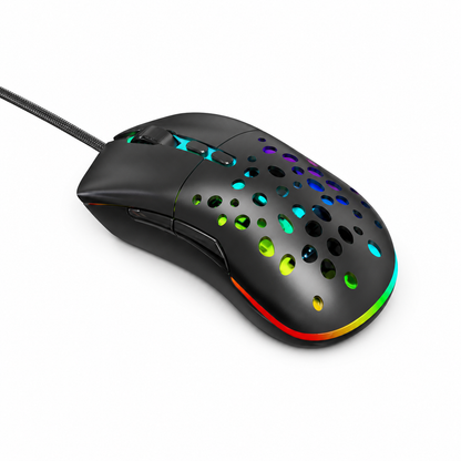 RGB wired gaming mouse with honeycomb shell on a white background