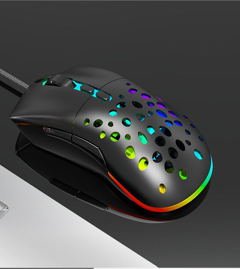 Angled view of RGB wired gaming mouse with honeycomb shell