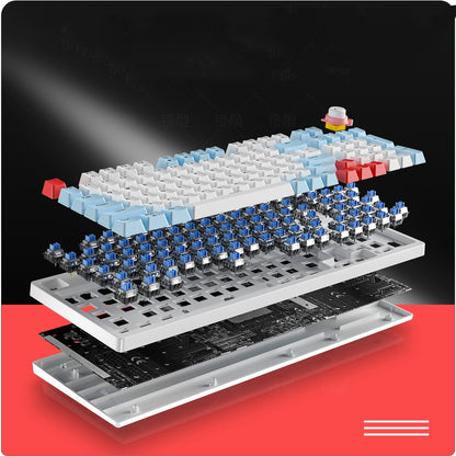 White 96-key wired mechanical keyboard with control knob angled view