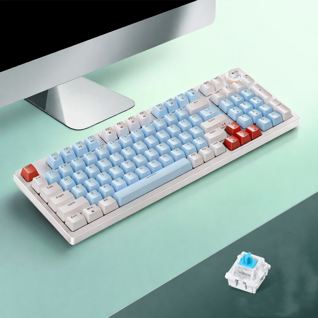 White 96-key wired mechanical keyboard with control knob on a clean desk setup