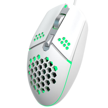 White vented RGB wired gaming mouse with green lighting detail