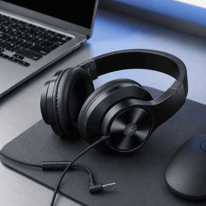 Black wired over-ear headset with inline microphone on a modern desk setup with laptop and mouse