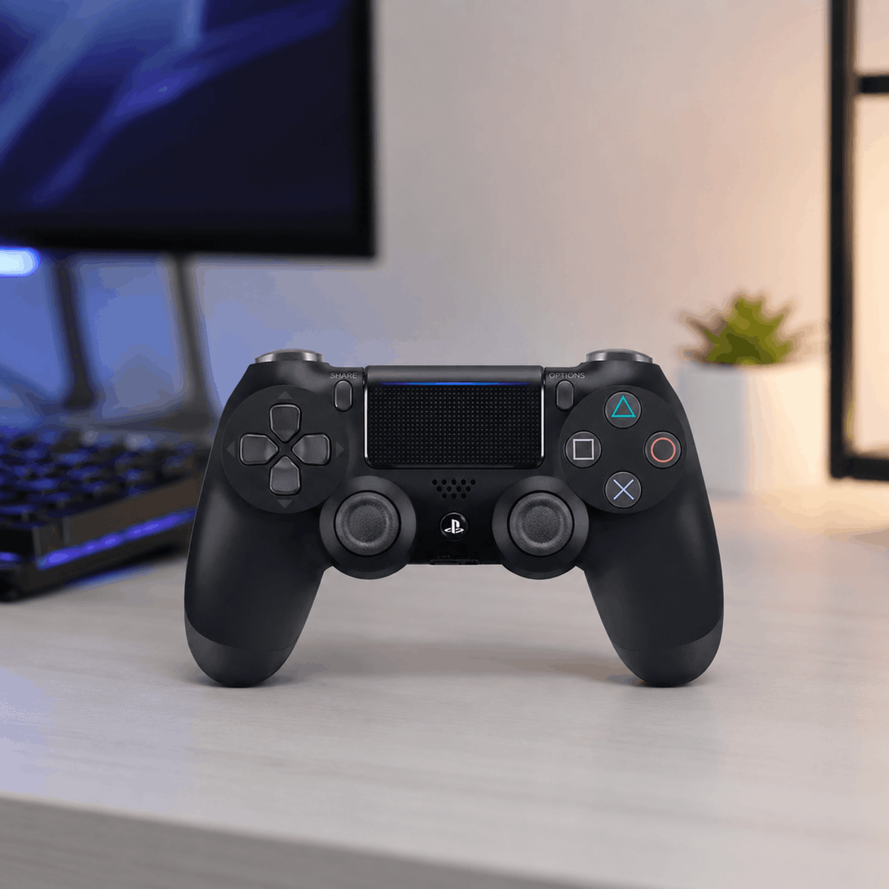 Black wireless game controller on a clean desk setup