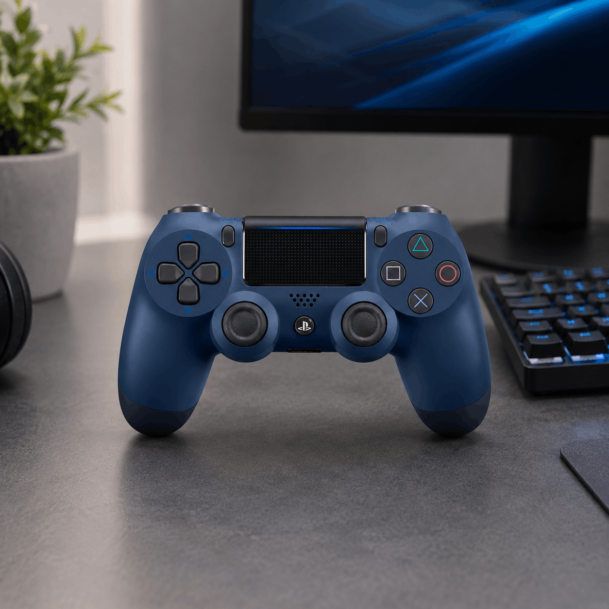 Blue wireless game controller on a clean desk setup