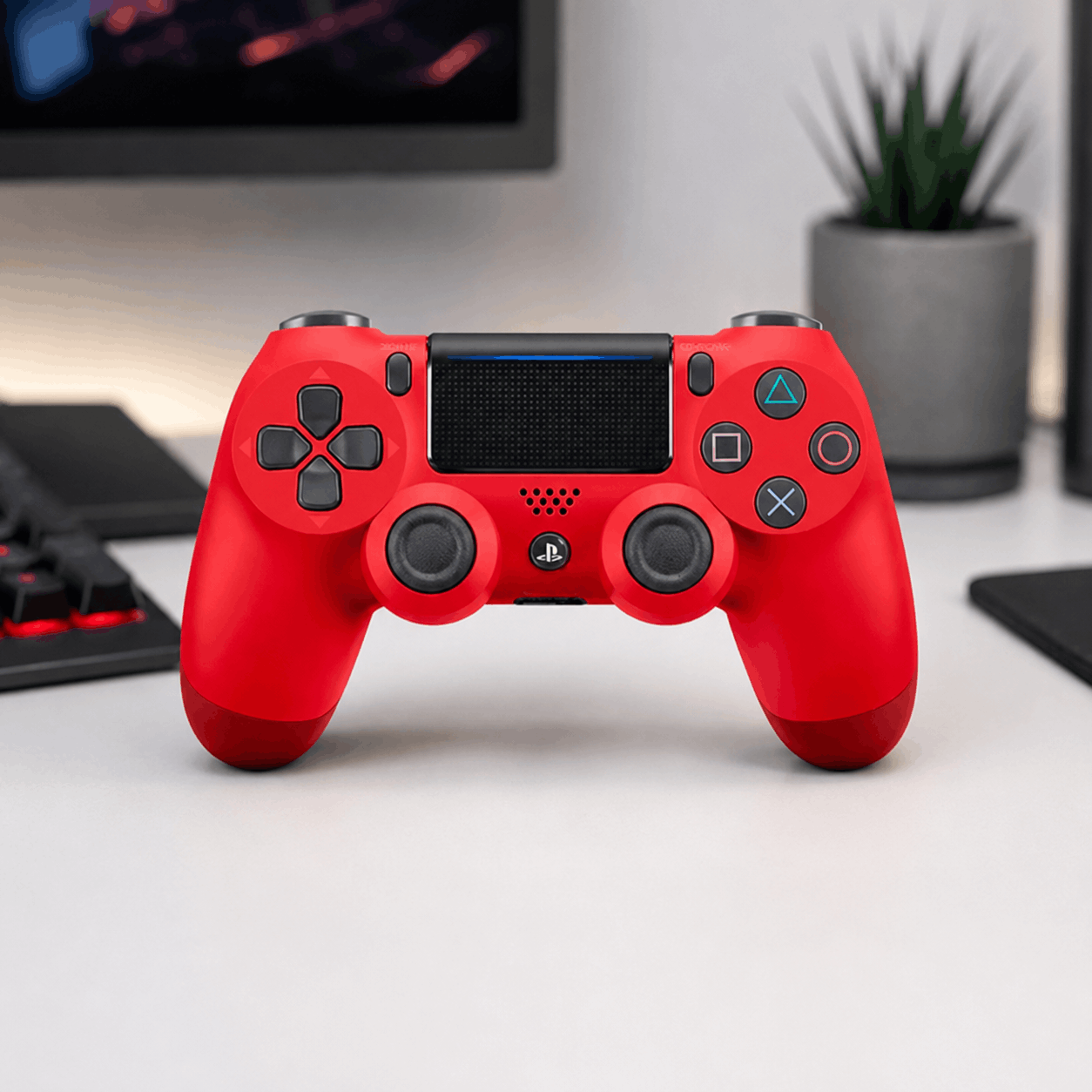 Red wireless game controller on a clean desk setup