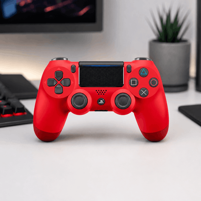 Red wireless game controller on a clean desk setup