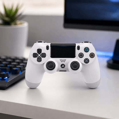 White wireless game controller on a clean desk setup